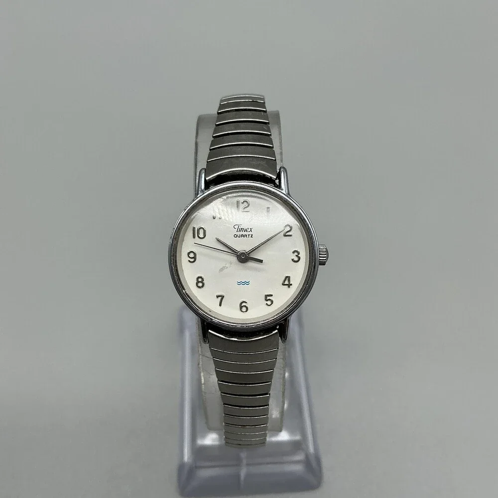 Timex Womens Watch 23mm White Dial Silver Tone Stretch Bracelet New Battery